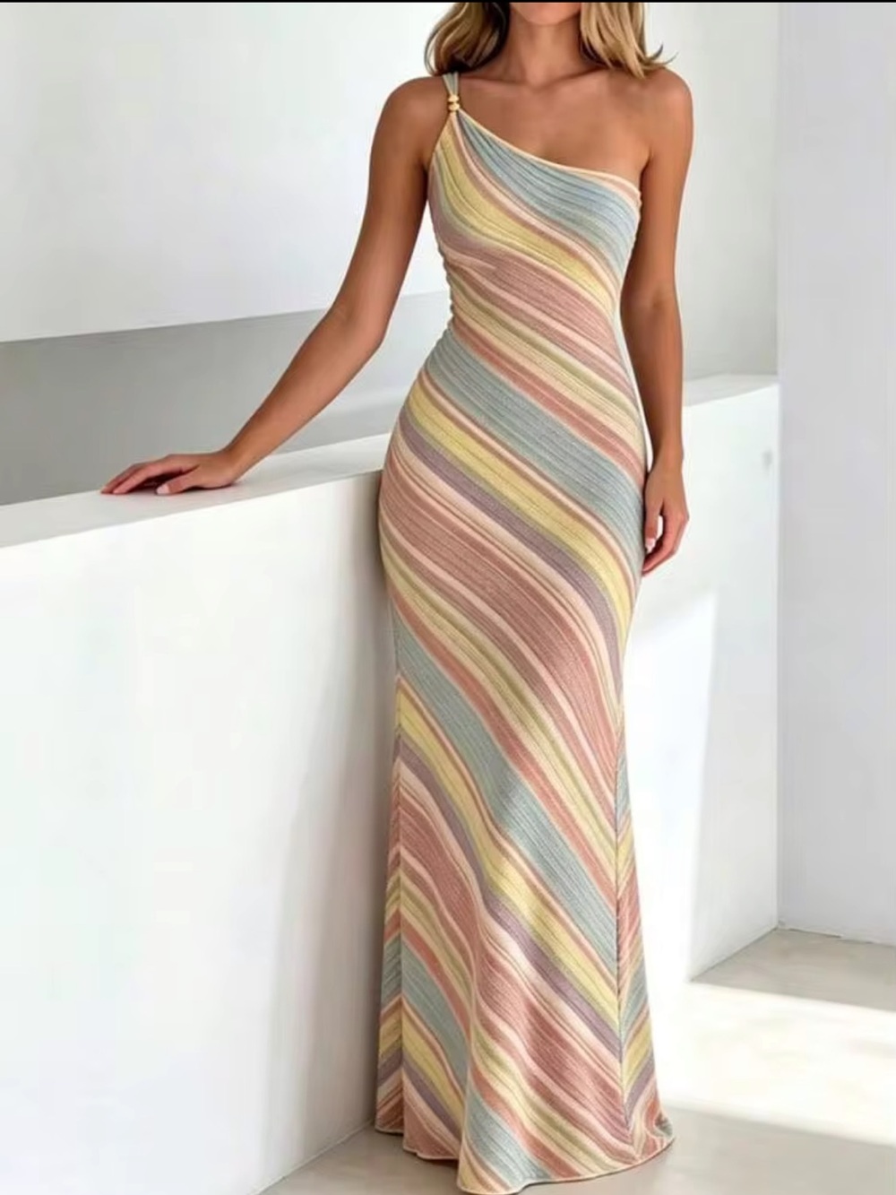 One-Shoulder Pastel Stripe Maxi Dress - Multicolor SHEIN